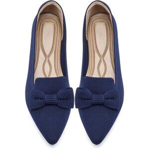 Women Mesh Ballet Blue Flats Bow Pointed Toe Comfortable Dress Shoes for Work